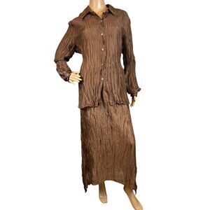 Marina Rinaldi Brown Textured Pleated 2-Piece Set Long Sleeve Shirt & Maxi Skirt